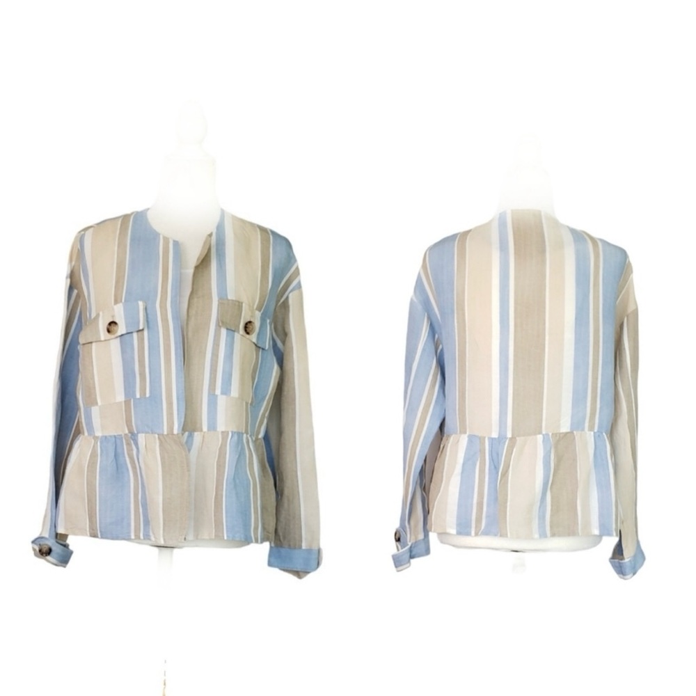 Zara -  Adorable White Tan and Blue Striped Jacket with open front- Size Medium - Picture 7 of 11